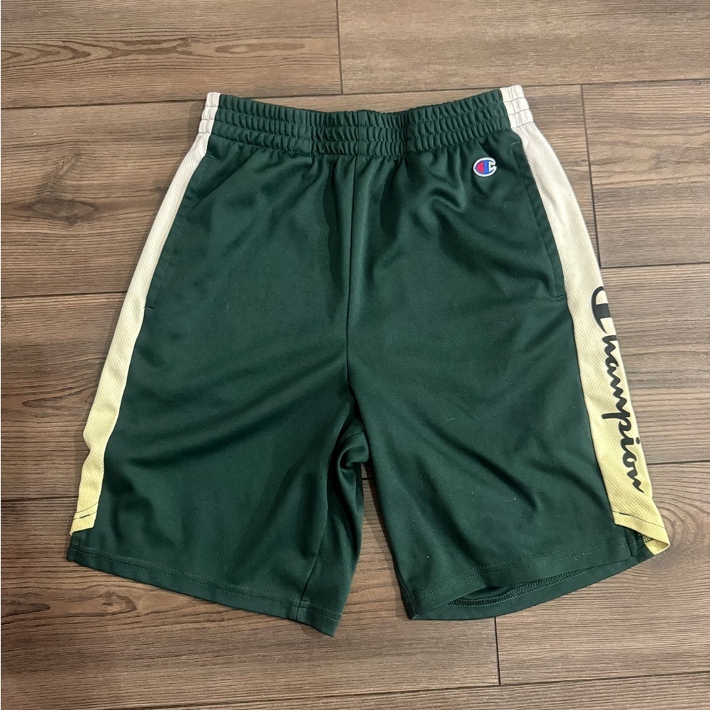 Champion Youth Large Green Athletic Shorts Side Logo Elastic Waist